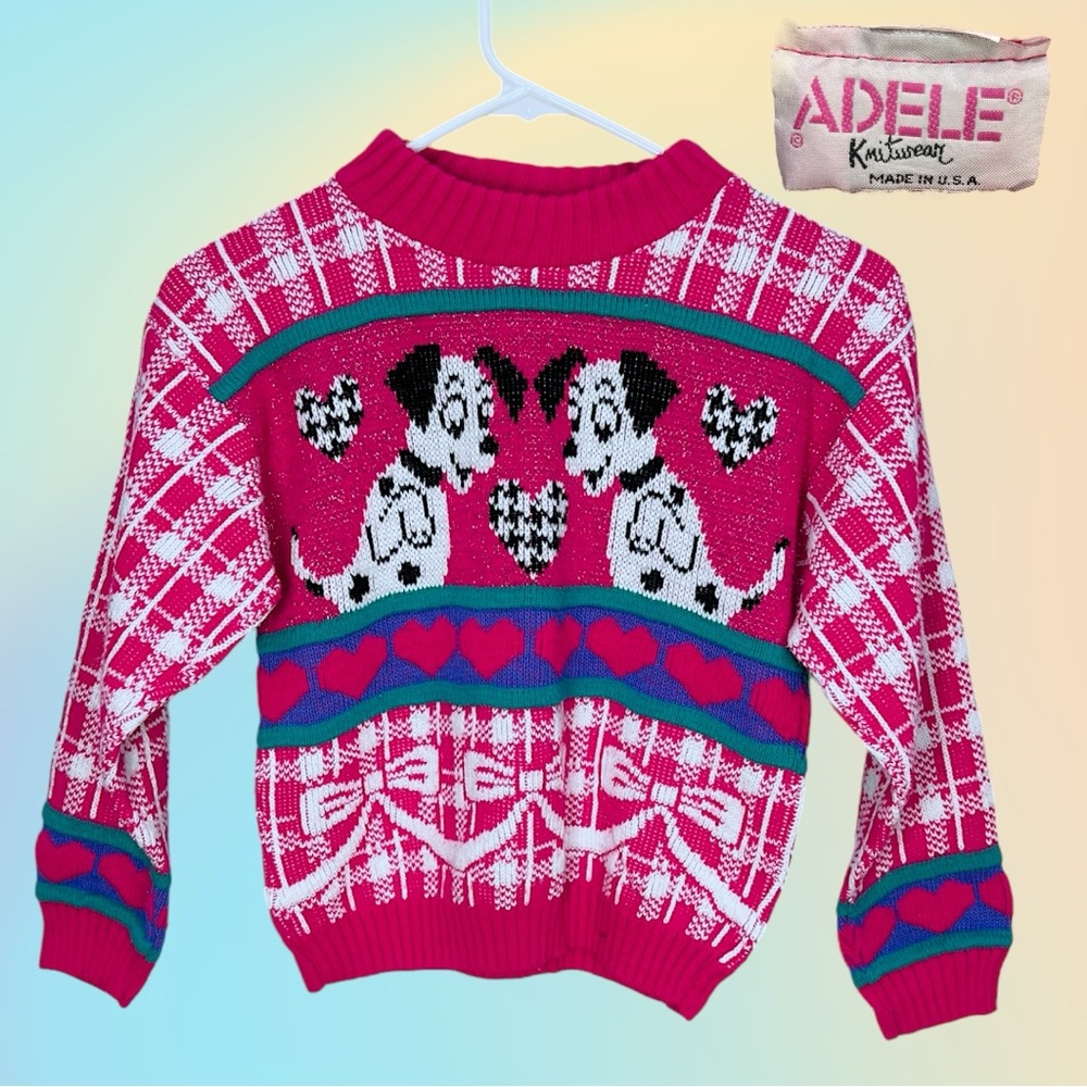 VTG Girls ADELE Knitwear Pink White Purple & Green Dalmatian Pullover Sweater